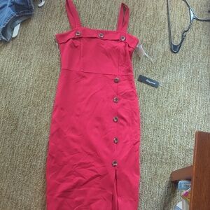 Red sleeveless midi dress w/button detail